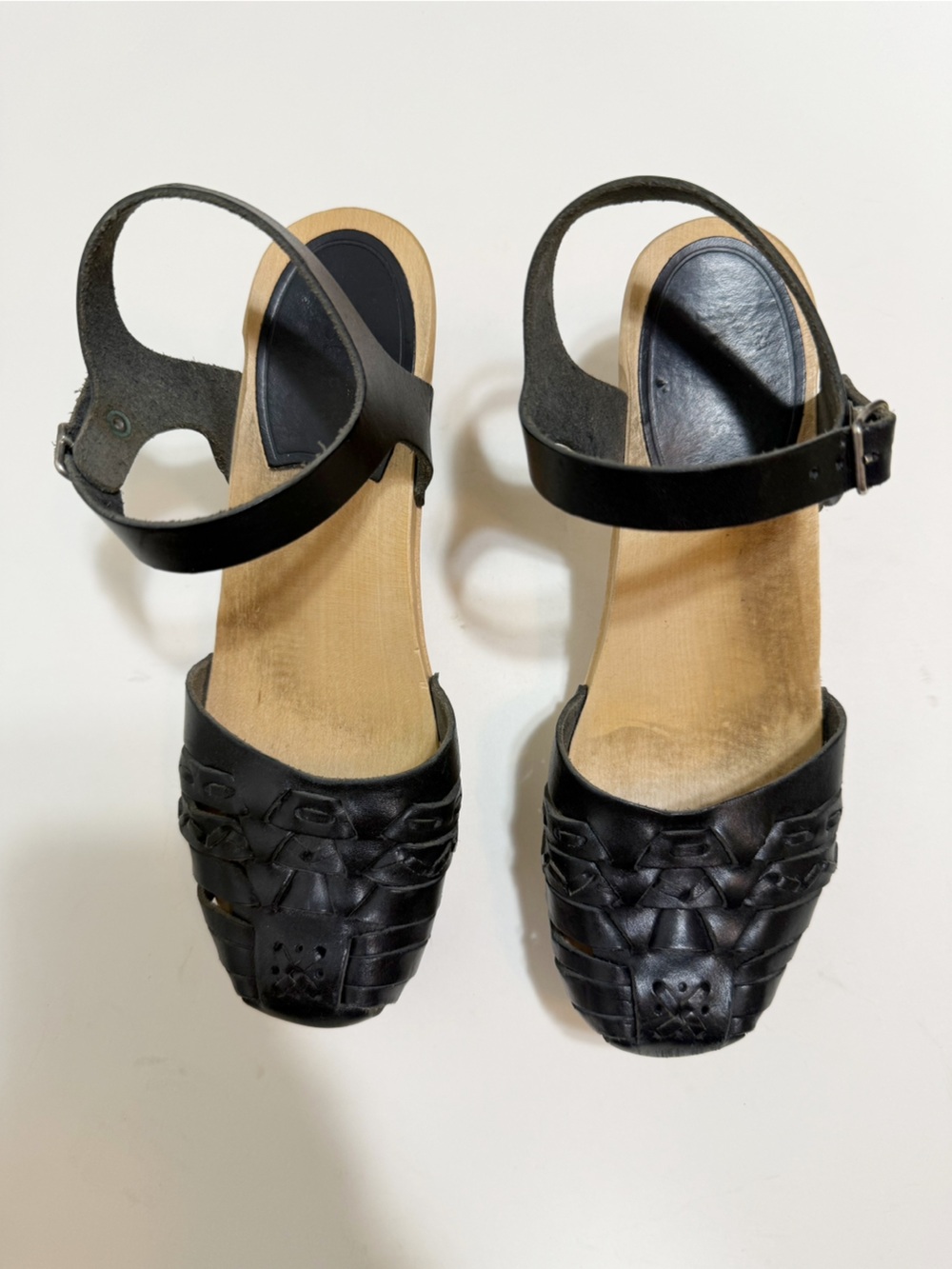 Swedish Hasbeens Black Leather Braided Heeled Clog Ankle Strap Sandal Size 7